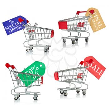 shopping carts with  tags of discount and sale. Isolated on white background