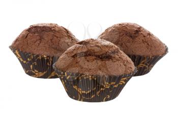 Three chocolate muffins isolated on white background