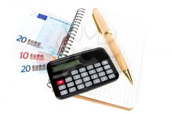 Notebook, pen,money and calculator  on white background