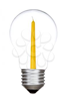 Light bulb with candle inside. Isolated on white background