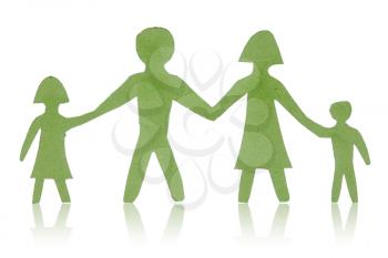 Green paper family with reflection on white background