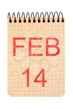 14 February calendar on recycle paper. Isolated on white background
