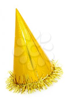 Golden party hat cone, isolated on a white background. 