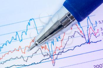  Financial graphs analysis with pen and printed chart