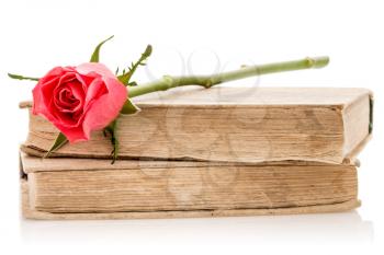 Two old books with rose on the white background