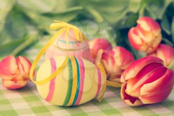 Easter eggs and red tulips. Pastel color style filter.