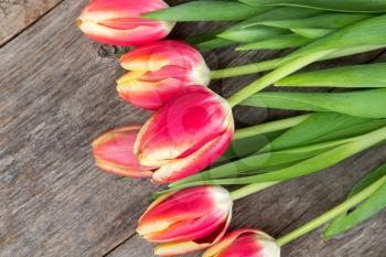 Bunch of  spring tulips lying on wooden background