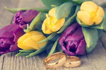Wedding rings with beautiful tulips on background