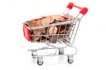 Shopping cart with Euro cent coins,isolated on white background 