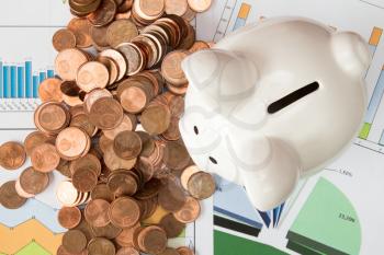 Investment concept or money savings, piggy-bank with Euro cents on paperwork
