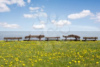 Five wooden benches at the sea shore,ideal place for resting