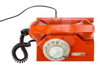 Orange retro phone isolated on white background. Top view.