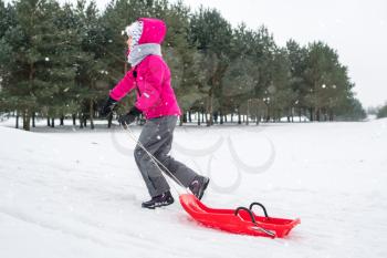 Girl enjoying a sleigh ride, play outdoors in snow.