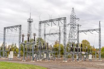 Power transformer in high voltage switchyard in modern electrical substation