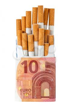 Package of cigarette wrapped in a 10 Euro banknote. Expensive bad  habit.