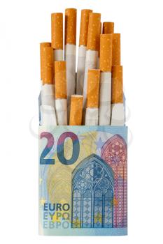 Package of cigarette wrapped in a 20 Euro banknote. Smoking is expensive.