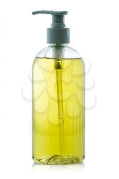 Bottle of liquid antibacterial soap with dispenser isolated on background
