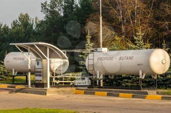 Large propane butane gas tanks or liquid gas tank in fuel station 