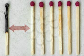 Social distancing concept using burnt out match stick as a metaphor for containing corona virus outbreak. Social distance concept for epidemic safety. Keep the distance to avoid contagion.