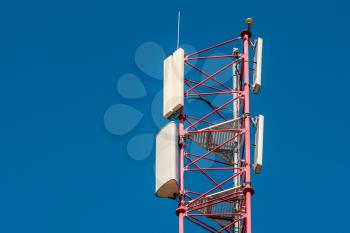 Telecommunication tower of 4G and 5G cellular. Wireless Communication Antenna Transmitter. Telecommunication tower with antennas  on sky background.