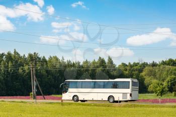 The white bus traveling on the road  in a rural landscape under a blue sky with white clouds