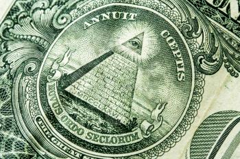 Reverse of US one dollar bill closeup macro, 1 usd banknote, great seal, pyramid and all-seeing eye of God, united states money 