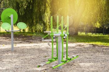 Outdoors exercise equipment or fitness device machines in the city park