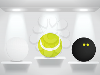 Royalty Free Clipart Image of Balls on a Shelf