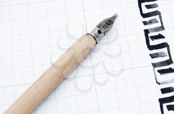 One pen for calligraphy located on special paper with green sections