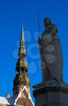 Sculpture of Roland and St. Peter's  church in Old Riga