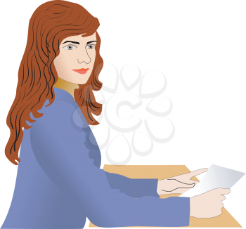 Royalty Free Clipart Image of a Woman Sitting at a Desk