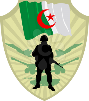 Royalty Free Clipart Image of a Crest of an Algerian Flag and Solider with Weapons