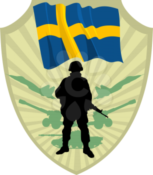 Royalty Free Clipart Image of a Crest of Sweden with a Flag and Soldier
