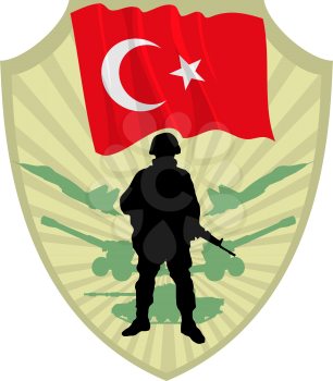 Royalty Free Clipart Image of a Crest of Turkey with a Flag and Soldier