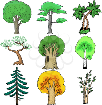 Set of cartoon, vector illustration of trees