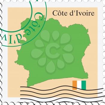 Image of stamp with map and flag of Cote d'Ivoire