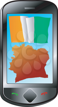 Mobile phone with flag and map of Ivory Coast
