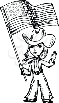 hand drawn, sketch, cartoon illustration of a cowgirl with American flag
