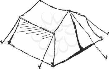 hand drawn, sketch, cartoon illustration of tent