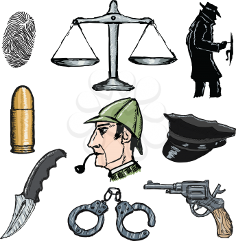 set of sketch illustration of detective objects