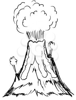 hand drawn, sketch, cartoon illustration of volcano