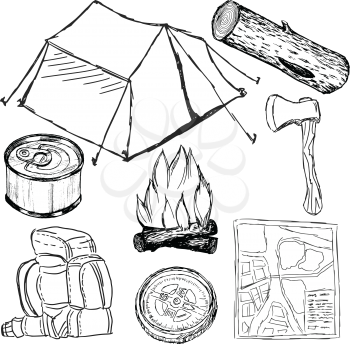 set of sketch illustration of camp objects