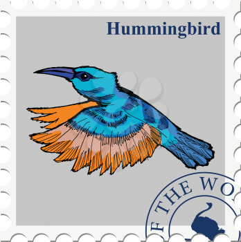 vector, post stamp with hummingbird, bird, wildlife motive