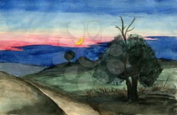 hand drawn illustration, raster graphics, artistic, illustration of landscape with rural scene, field and path