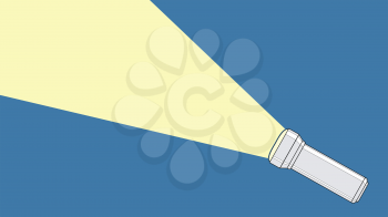 Flashlight from which a ray of light comes out. Concept of electrician equipment, led light, portable tools. Technology, touristing and everyday object. Vector, cartoon illustration