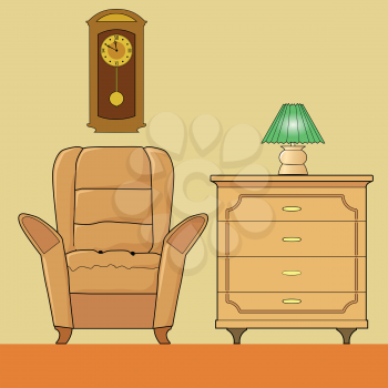 Cozy interior of living room with armchair, chest of drawers, decorative lamp and wall clock with balance wheel. Concept of living building, home design and family, everyday life. Vector illustration