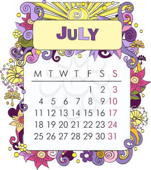 Beautiful vector decorative Frame for calendar - July