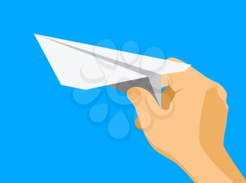 Child hand with paper plane against blue sky, vector illustration
