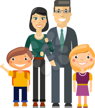 Young Family - Father, Mother, Son and Daughter. Flat Vector Illustration