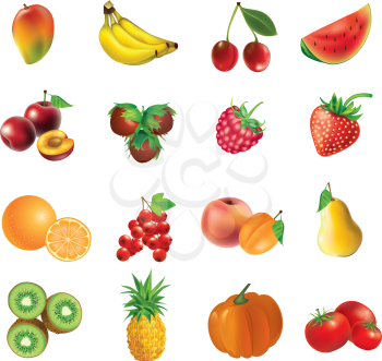 Fruits and vegetables, set of isolated, detailed vector illustrations and icons - mango, banana, cherry, watermelon, plum, haselnuts,  strawberry, raspberry, orange, currant, apricot,  peach, pear, ki